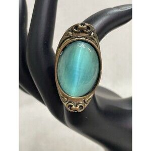 Vintage Victorian Gothic Style Teal Cabachon Stone on Ornate Brass Tone Ring. 6